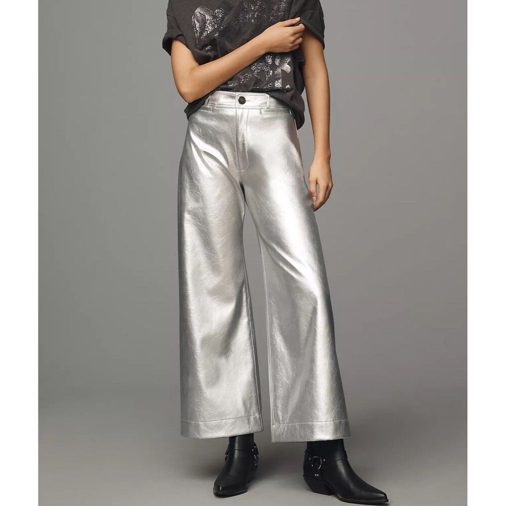 Maeve The Ettie High Rise Crop Wide-Leg Pants Metallic Faux-Leather Size 26 - Picture 16 of 16